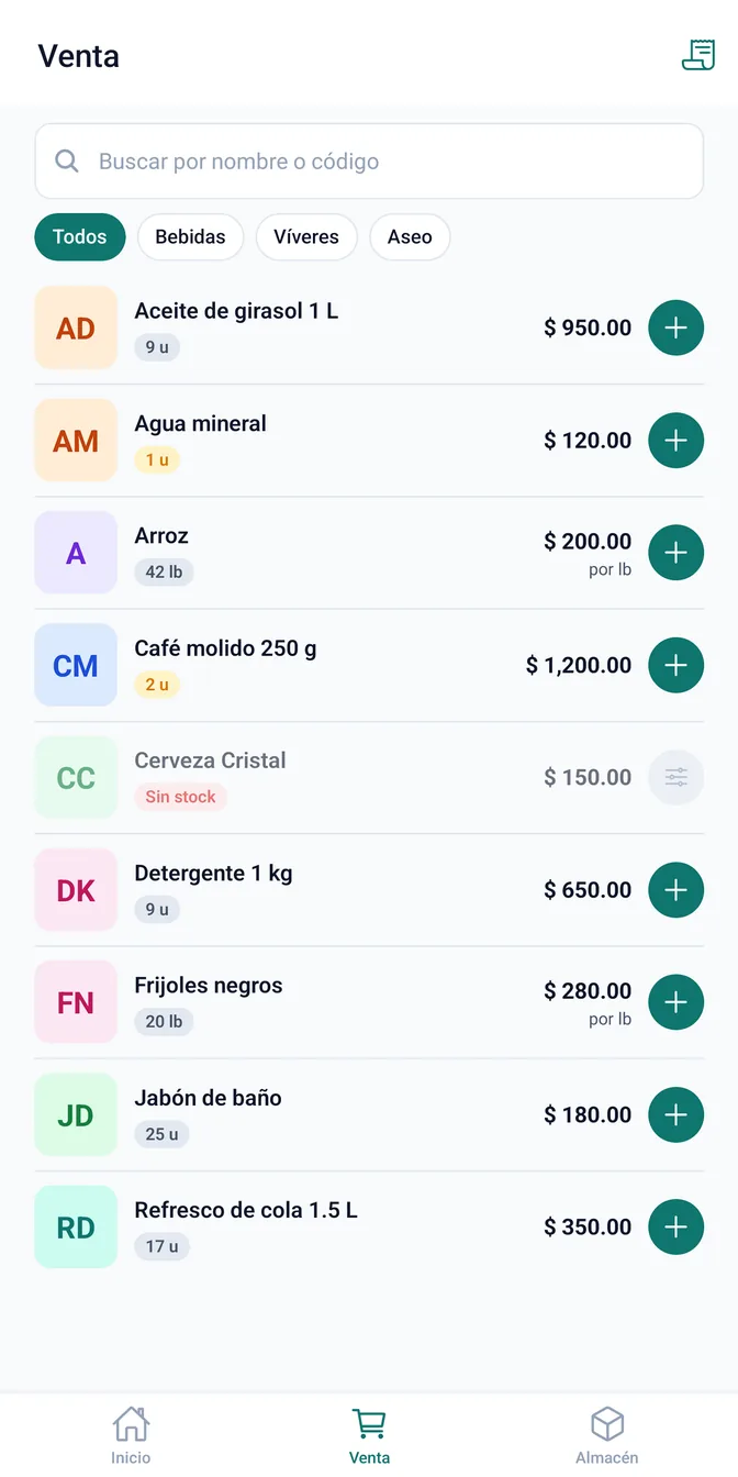 Pantalla de venta con productos y carrito