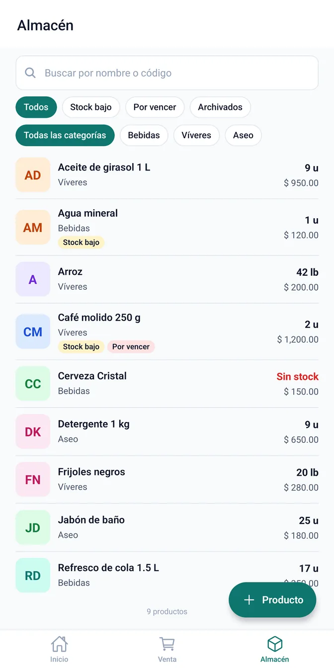 Almacén con la lista de productos y su stock