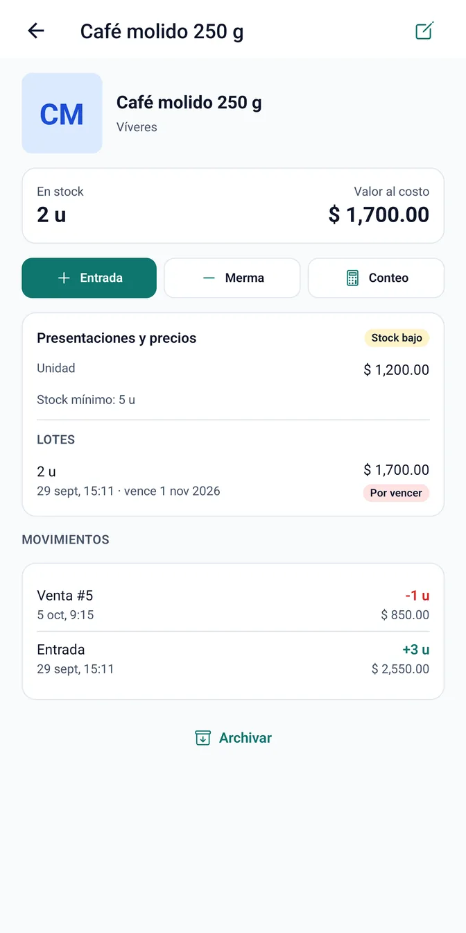 Detalle de un producto con lotes y movimientos
